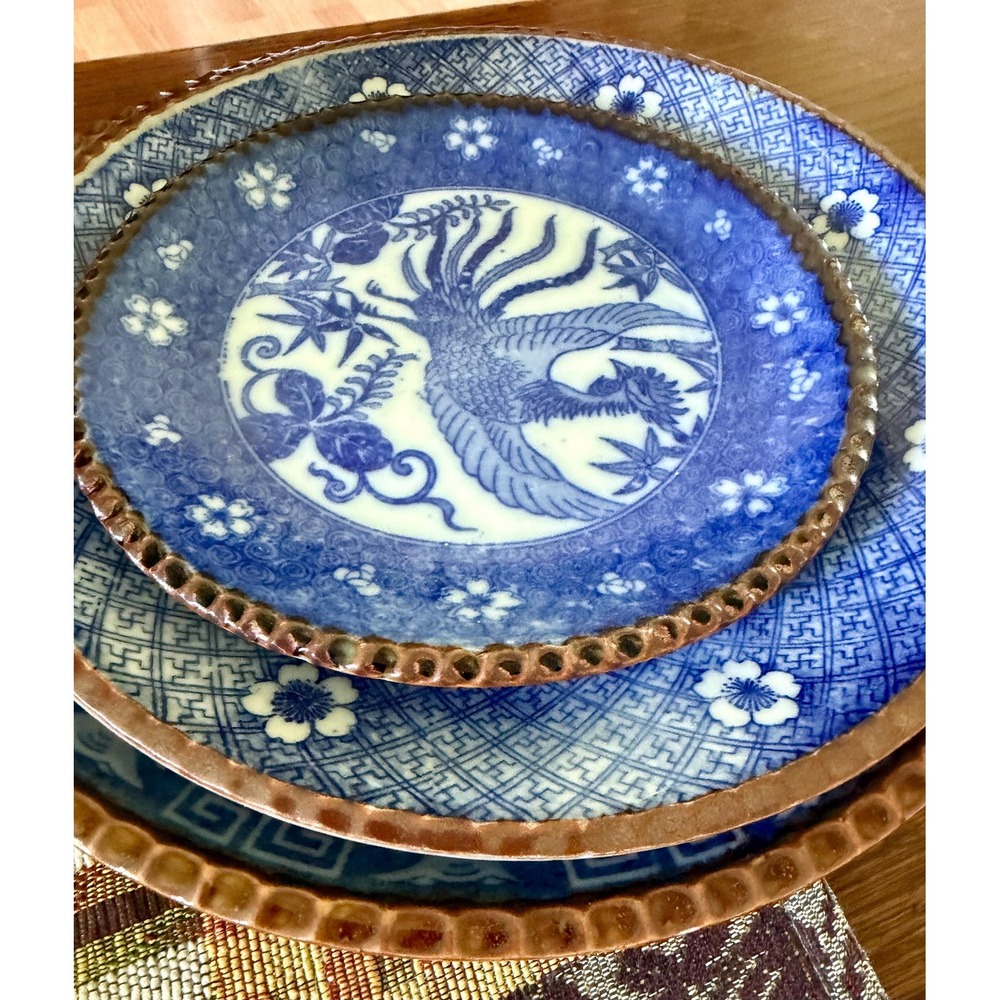 Antique Japanese Meiji Era Blue and White Porcelain Plates Set